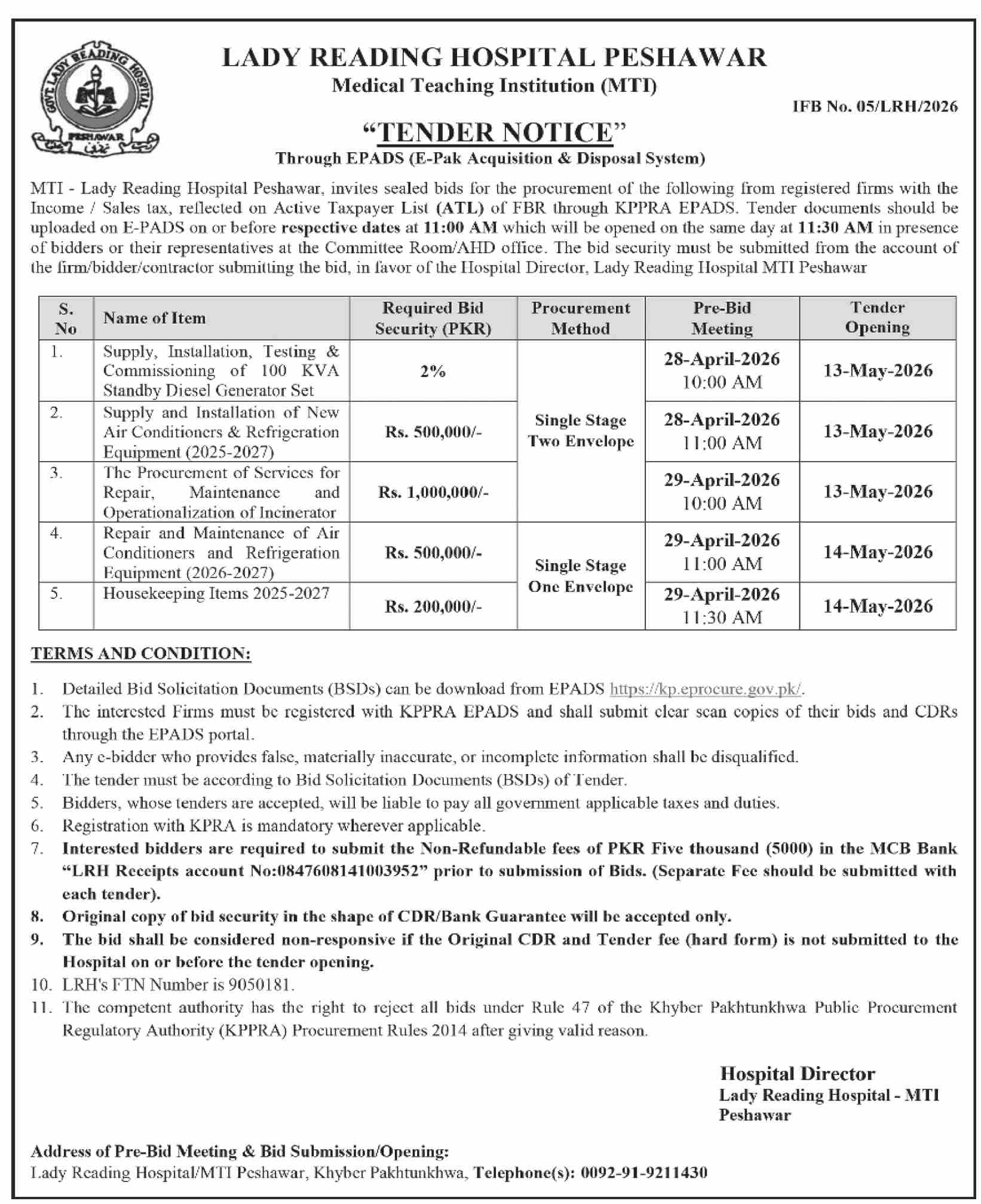 LRH Peshawar MTI Tenders: 100 KVA Generator, New ACs & Refrigeration (2025-27), Incinerator Services, AC Repair & Maintenance (2026-27), and Housekeeping Items (2025-27) - MTI - Lady Reading Hospital Peshawar
